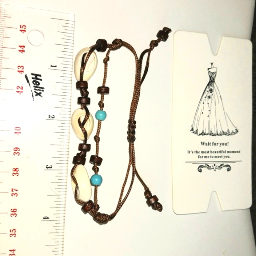Braided Leather Adjustable Friendship Bracelet with Shells and Wooden Beads